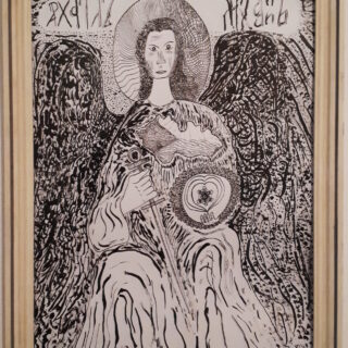 Chrisantem Macháček: Zarámovaný obraz Archanděl Michael, tuš 33 x 45 cm