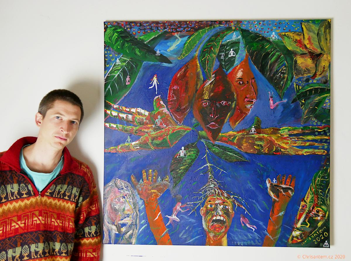 Chrisantem Macháček: Obraz "Iboga Zasvěcení", akryl na plátně 100x100 cm - Obrázek 2