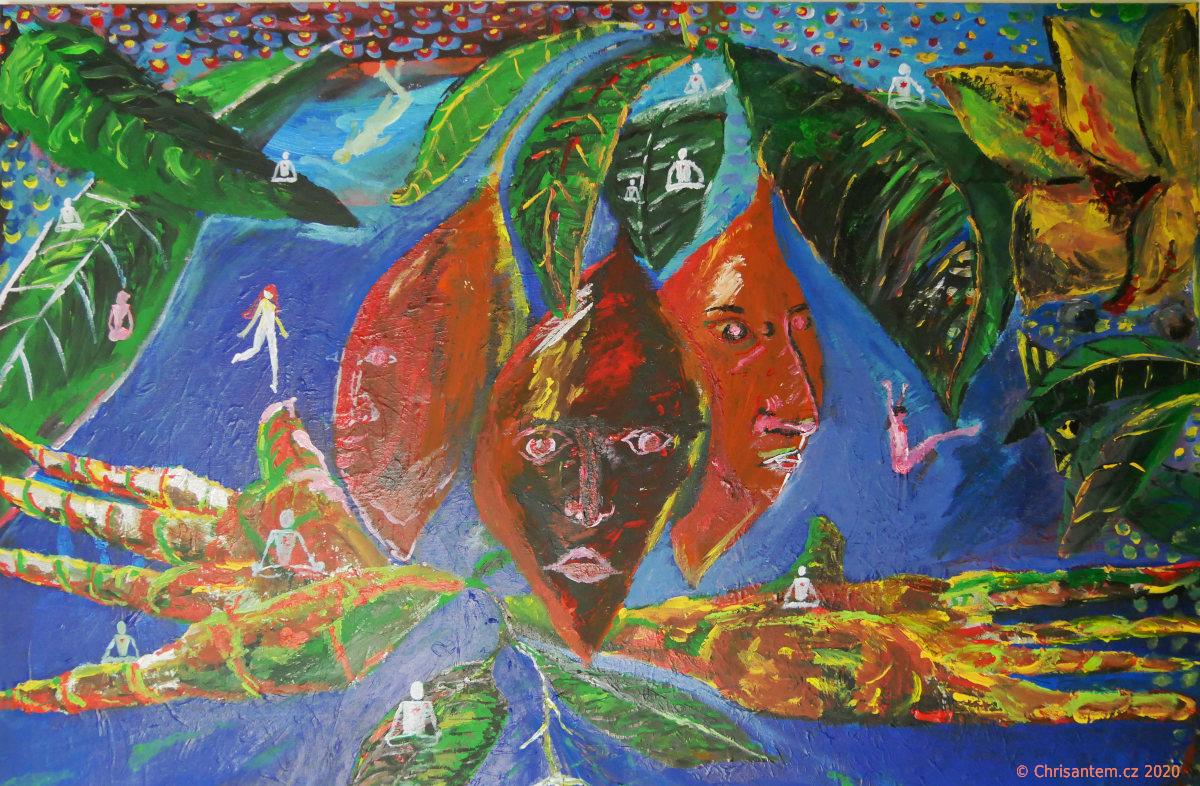 Chrisantem Macháček: Obraz "Iboga Zasvěcení", akryl na plátně 100x100 cm - Obrázek 3