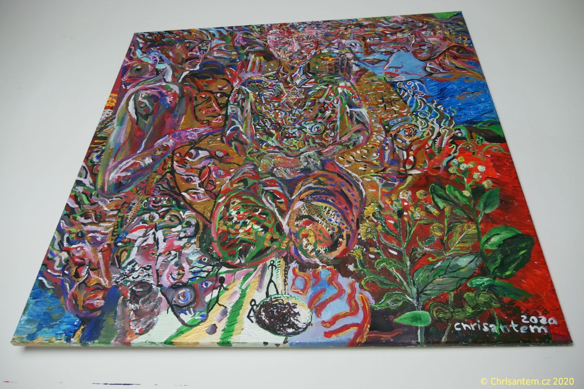 Chrisantem Macháček: Obraz "Mapacho Elohim", akryl na plátně 100x100 cm - Obrázek 2