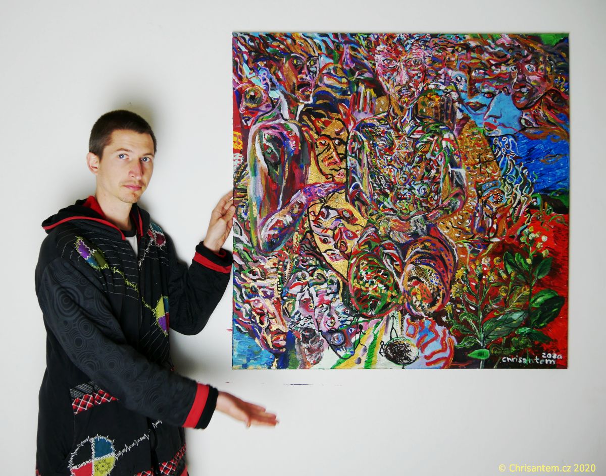 Chrisantem Macháček: Obraz "Mapacho Elohim", akryl na plátně 100x100 cm - Obrázek 3