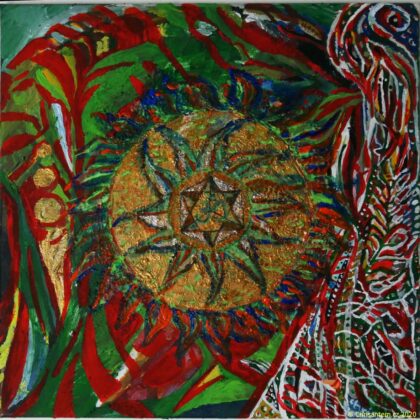 Chrisantem Macháček: Obraz „Zlatý disk Óm“, Akryl na plátně 50x50 cm, 2020