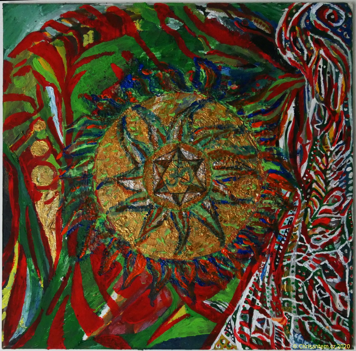 Chrisantem Macháček: Obraz „Zlatý disk Óm“, Akryl na plátně 50x50 cm, 2020