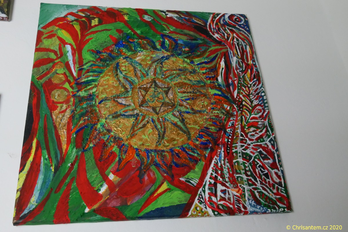 Chrisantem Macháček: Obraz „Zlatý disk Óm“, Akryl na plátně 50x50 cm, 2020 - Obrázek 3
