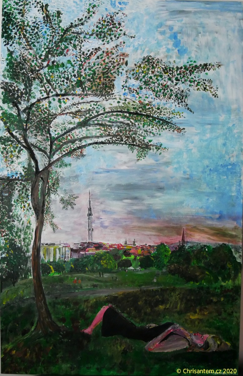 Chrisantem Macháček: Obraz „Imprese: Parukářka“, Akryl na plátně 150×96 cm, 2020