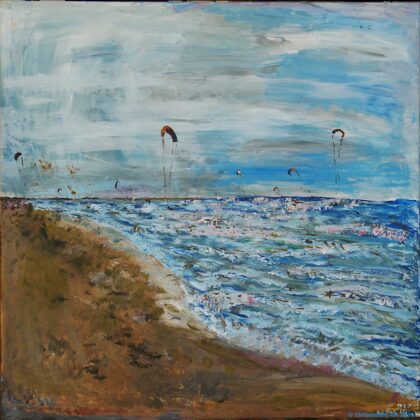 Chrisantem Macháček: Obraz „Kitesurfeři na pláži Beauduc“, 100×100 cm, Francie 2020