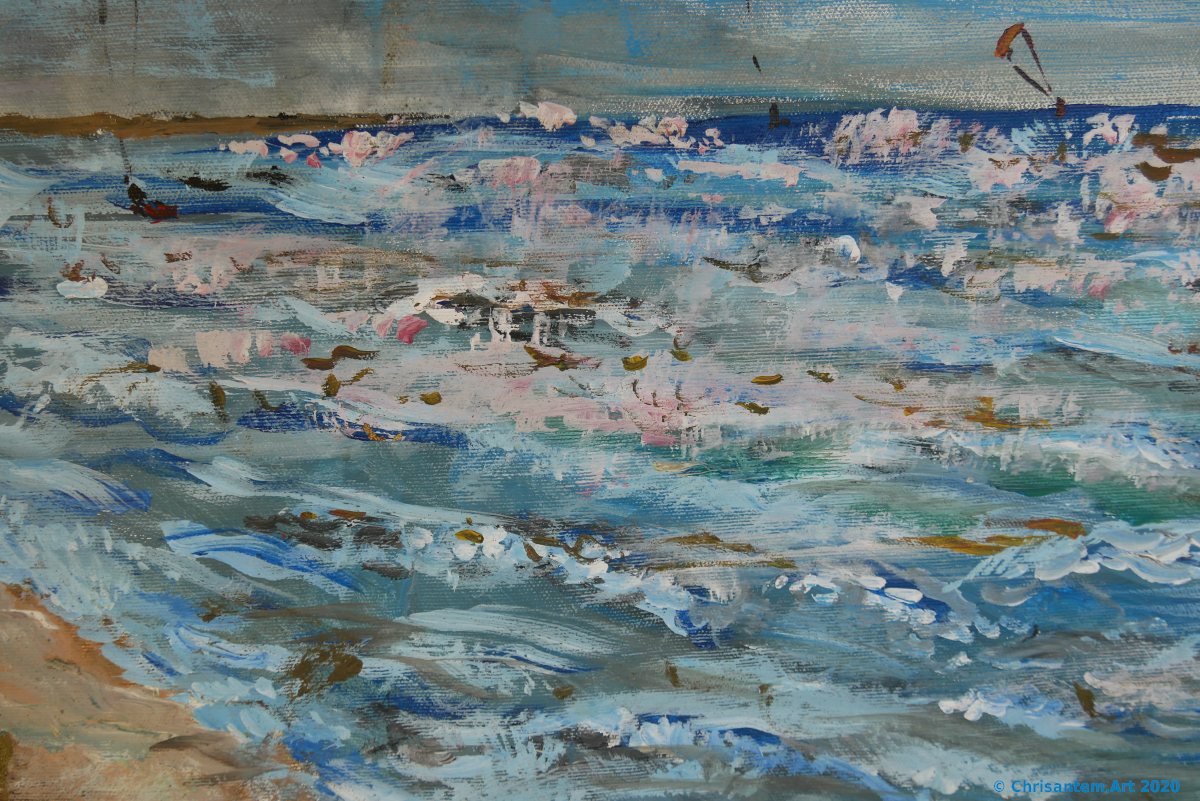 Chrisantem Macháček: Obraz „Kitesurfeři na pláži Beauduc“, 100×100 cm, Francie 2020 - Obrázek 2
