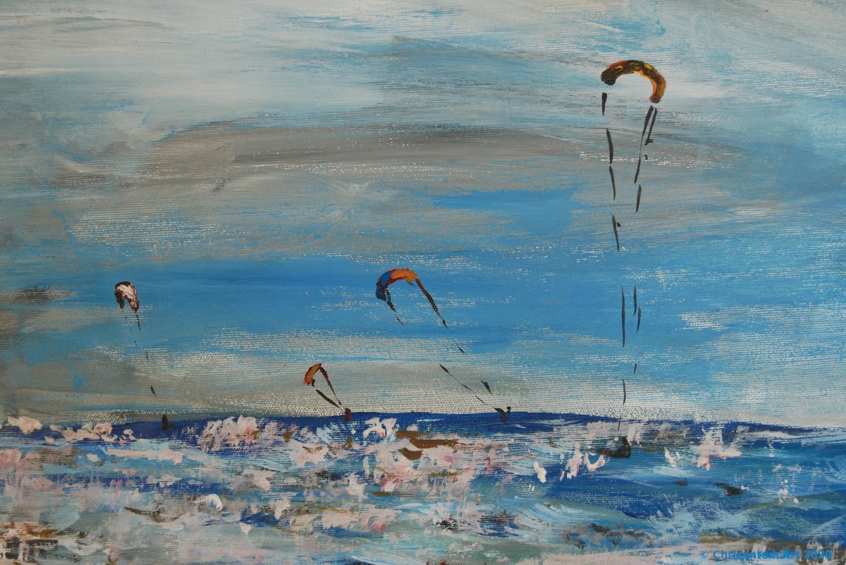 Chrisantem Macháček: Obraz „Kitesurfeři na pláži Beauduc“, 100×100 cm, Francie 2020 - Obrázek 3