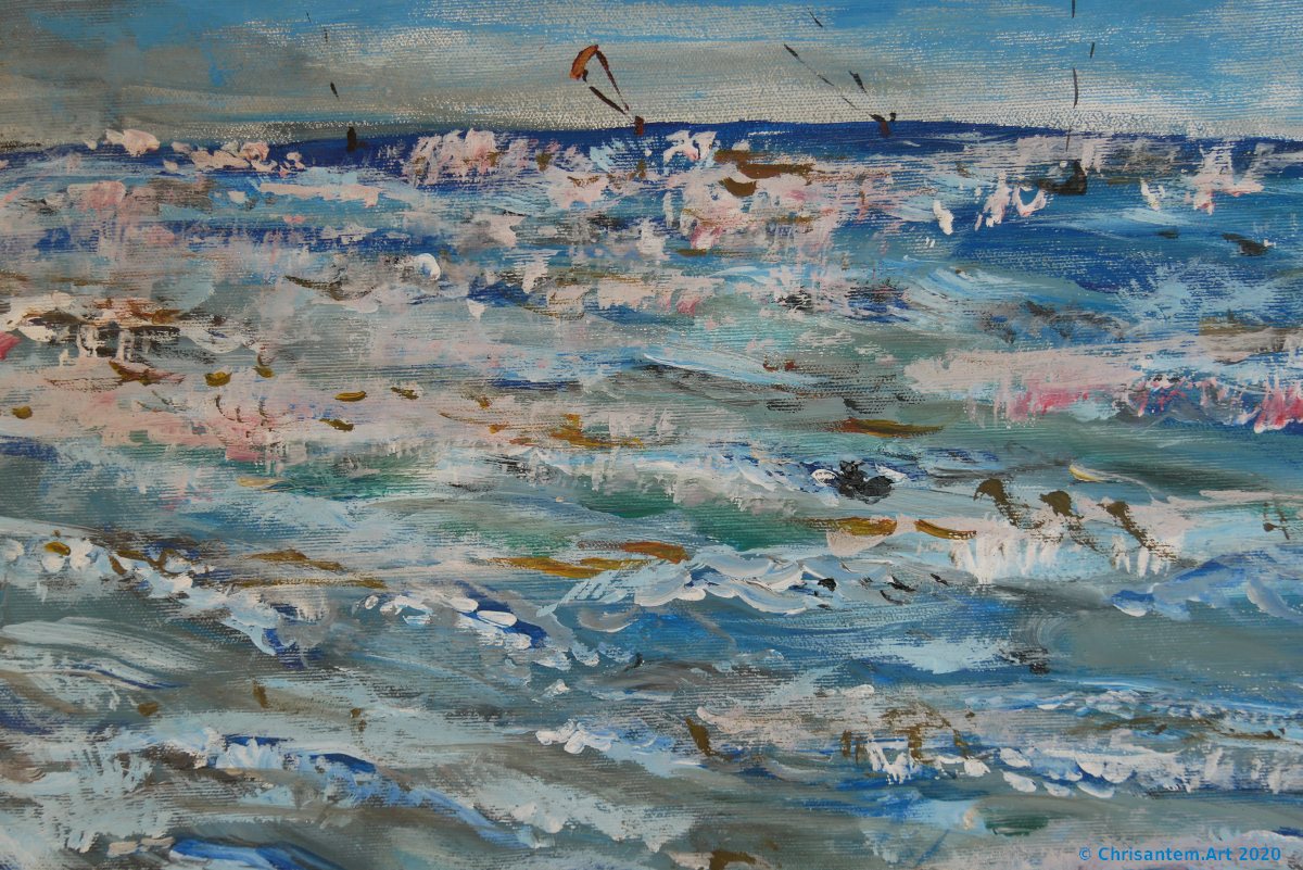 Chrisantem Macháček: Obraz „Kitesurfeři na pláži Beauduc“, 100×100 cm, Francie 2020 - Obrázek 4