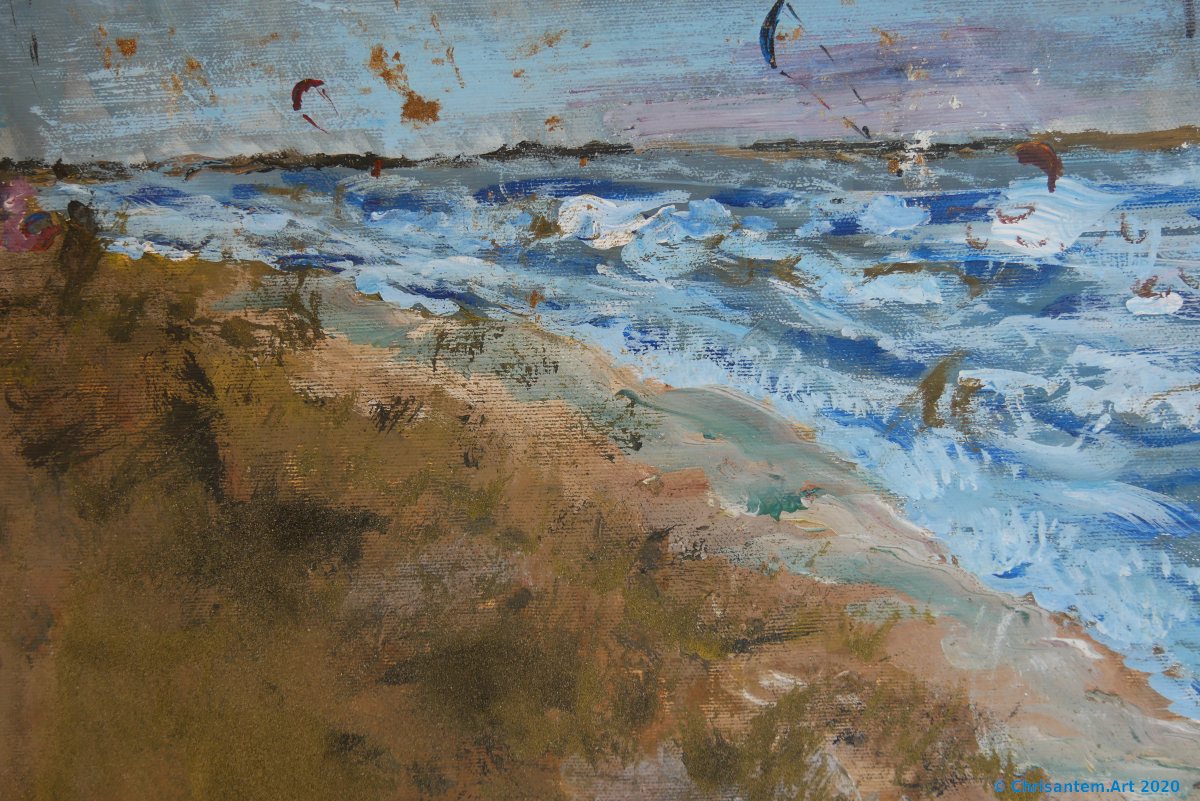 Chrisantem Macháček: Obraz „Kitesurfeři na pláži Beauduc“, 100×100 cm, Francie 2020 - Obrázek 5