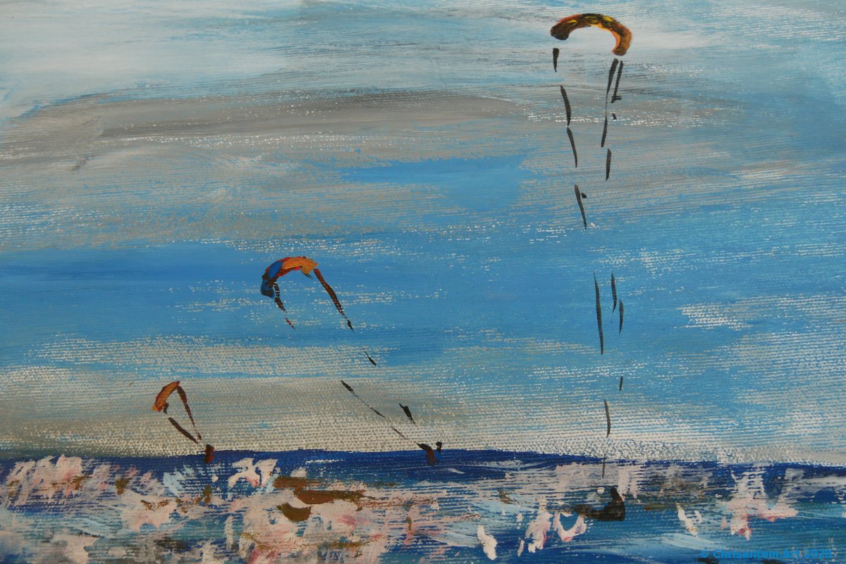 Chrisantem Macháček: Obraz „Kitesurfeři na pláži Beauduc“, 100×100 cm, Francie 2020 - Obrázek 10