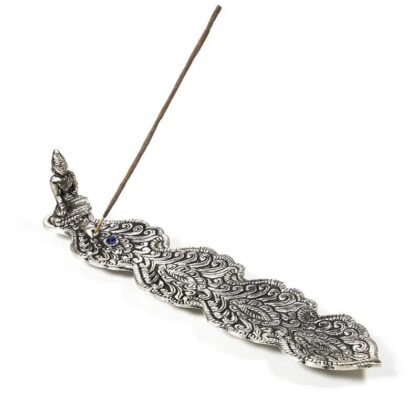 Kovový stojánek na vonné tyčinky s listovými ornamenty a Buddhou