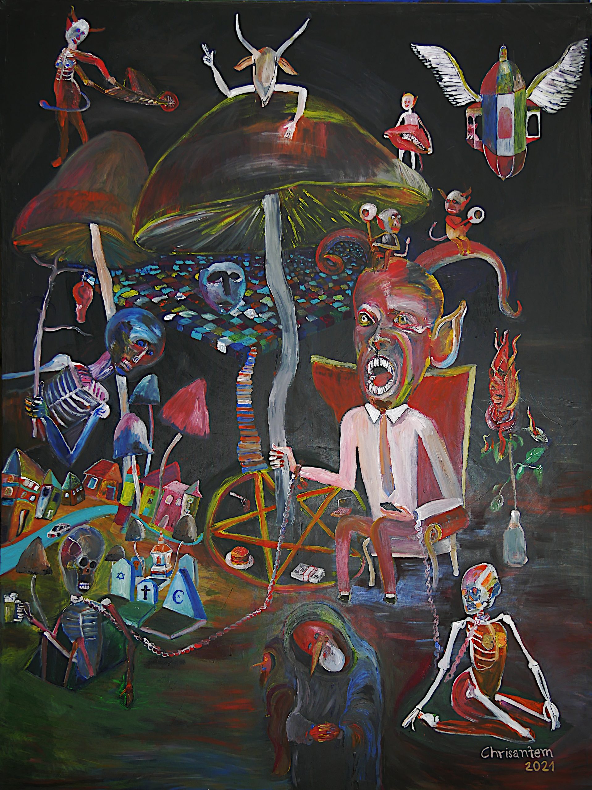 Chrisantem Macháček: Houbičkový Ďábel, akryl na plátně 150x200 cm, 2021