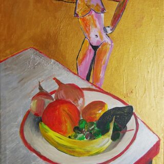 Chrisantem Macháček: Kuchyňské zátiší, akryl na plátně 40x60 cm, 2021