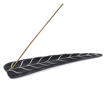 Vykuřovací podložka na vonné tyčinky, tvar listu, černý kámen 25 cm
